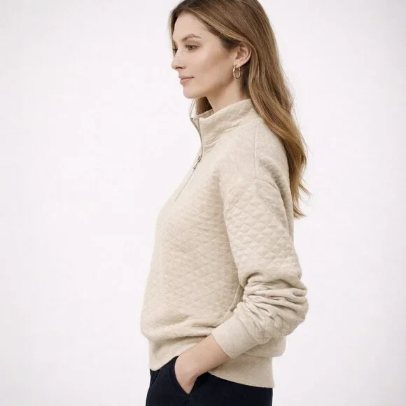 Quilted Quarter Zip Sweatshirt Banana Republic Factory Oatmeal Heather - Picture 3 of 14